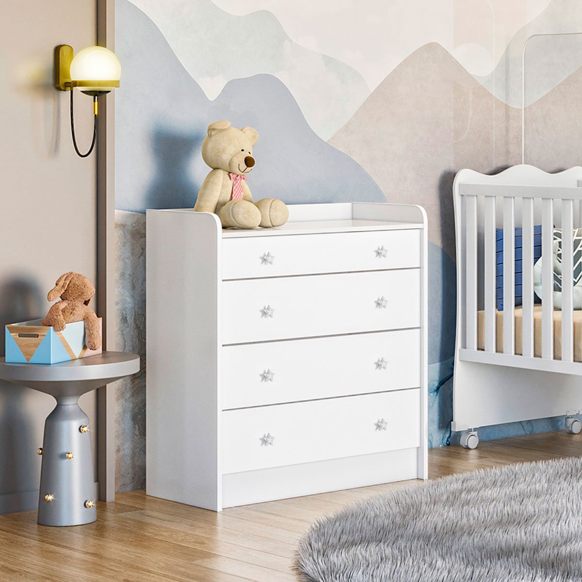 Cômoda com Trocador Infantil 4 Gavetas Doce Mel Branco