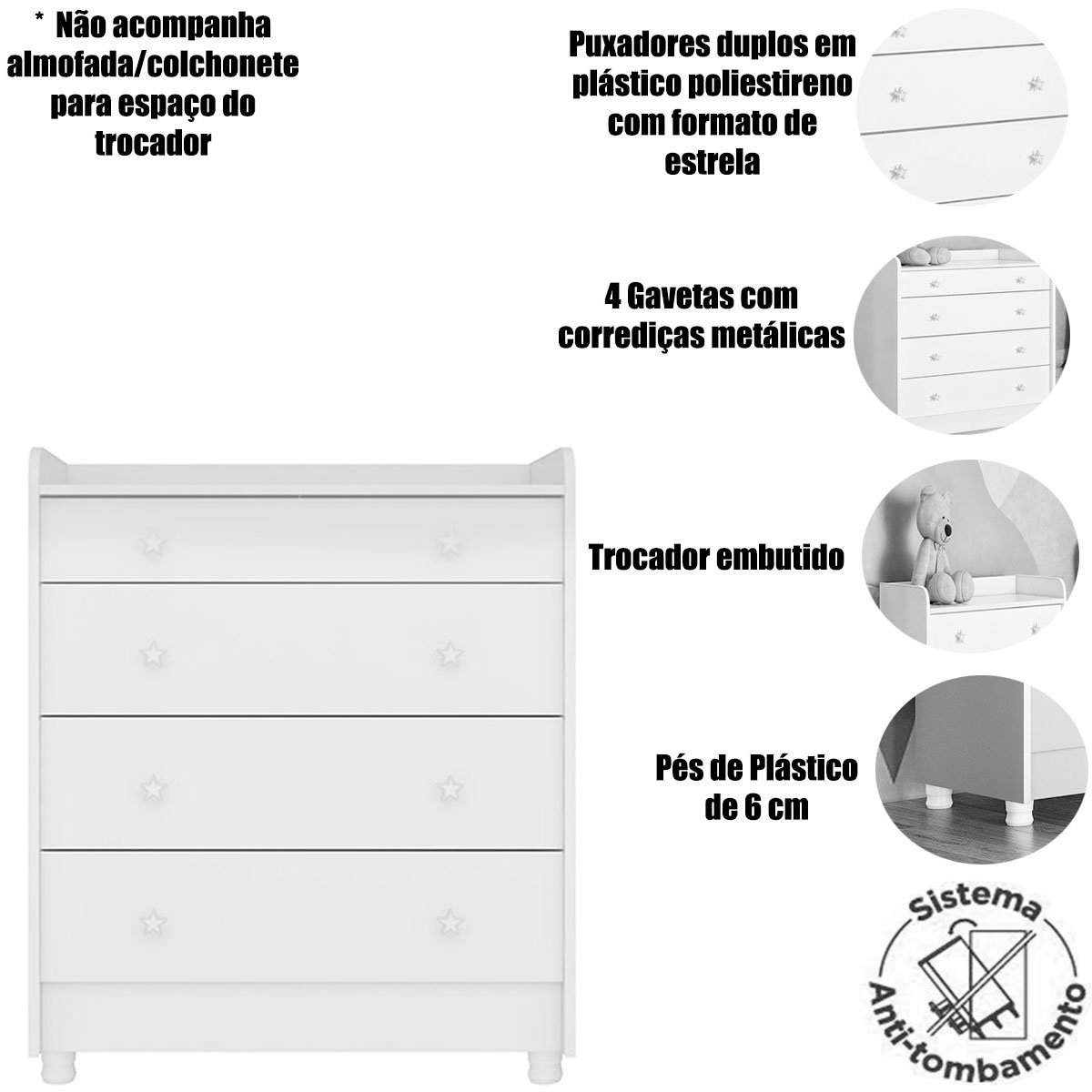 Cômoda com Trocador Infantil 4 Gavetas e Pés Doce Mel Branco