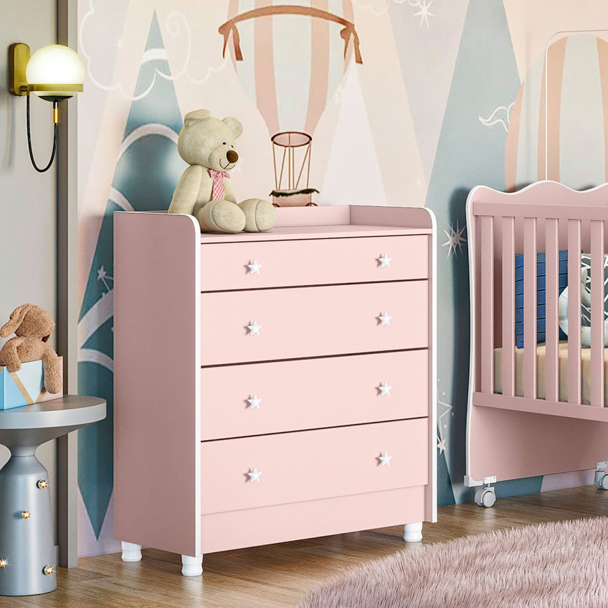 Cômoda com Trocador Infantil 4 Gavetas e Pés Doce Mel Rosa Acetinado