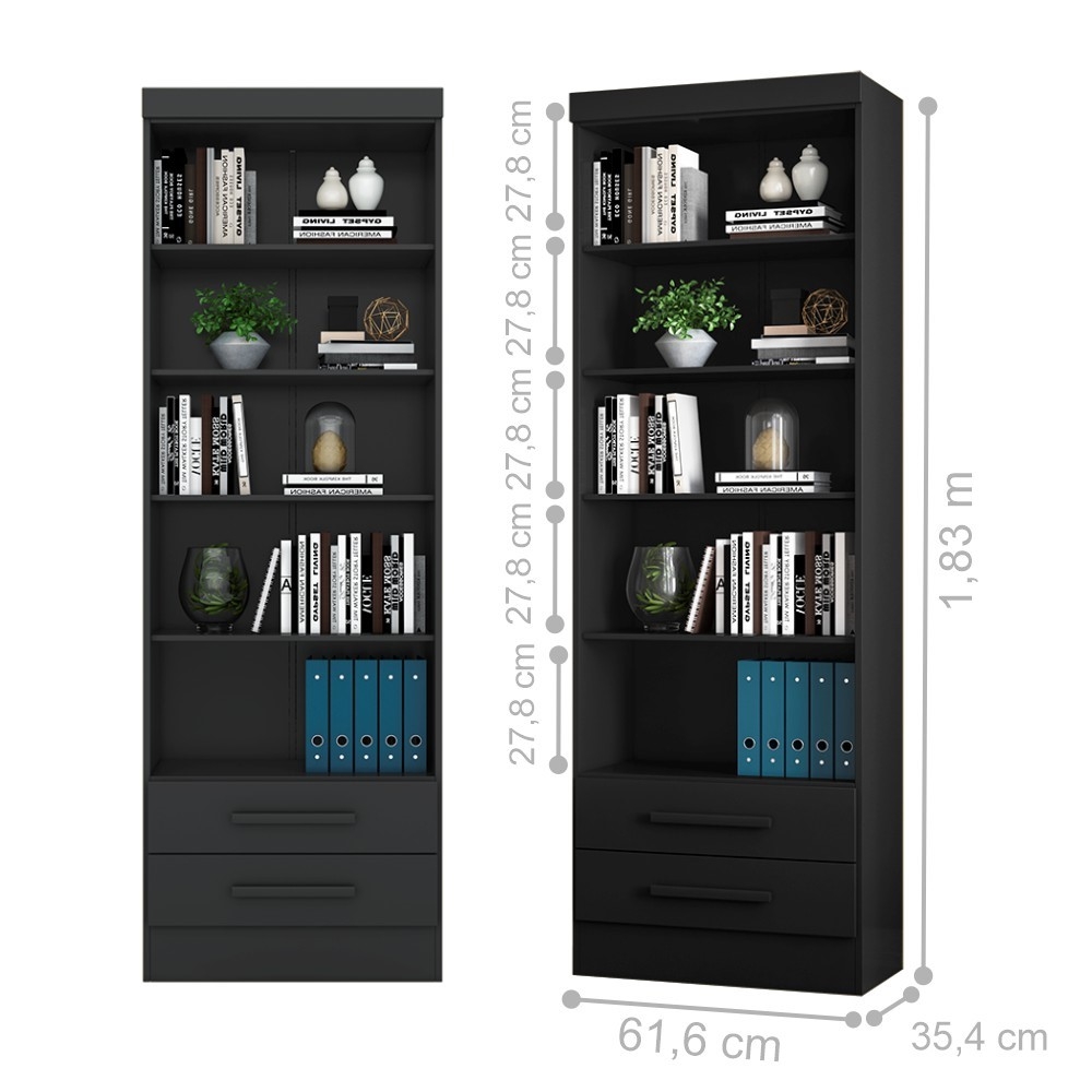 Conjunto 2 Estantes Livreiro Kenner Preto Fosco