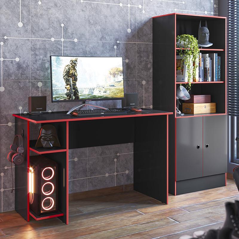 Conjunto Gamer Armário 2 Portas e Mesa para Computador 3875 Preto/Vermelho - Qmovi