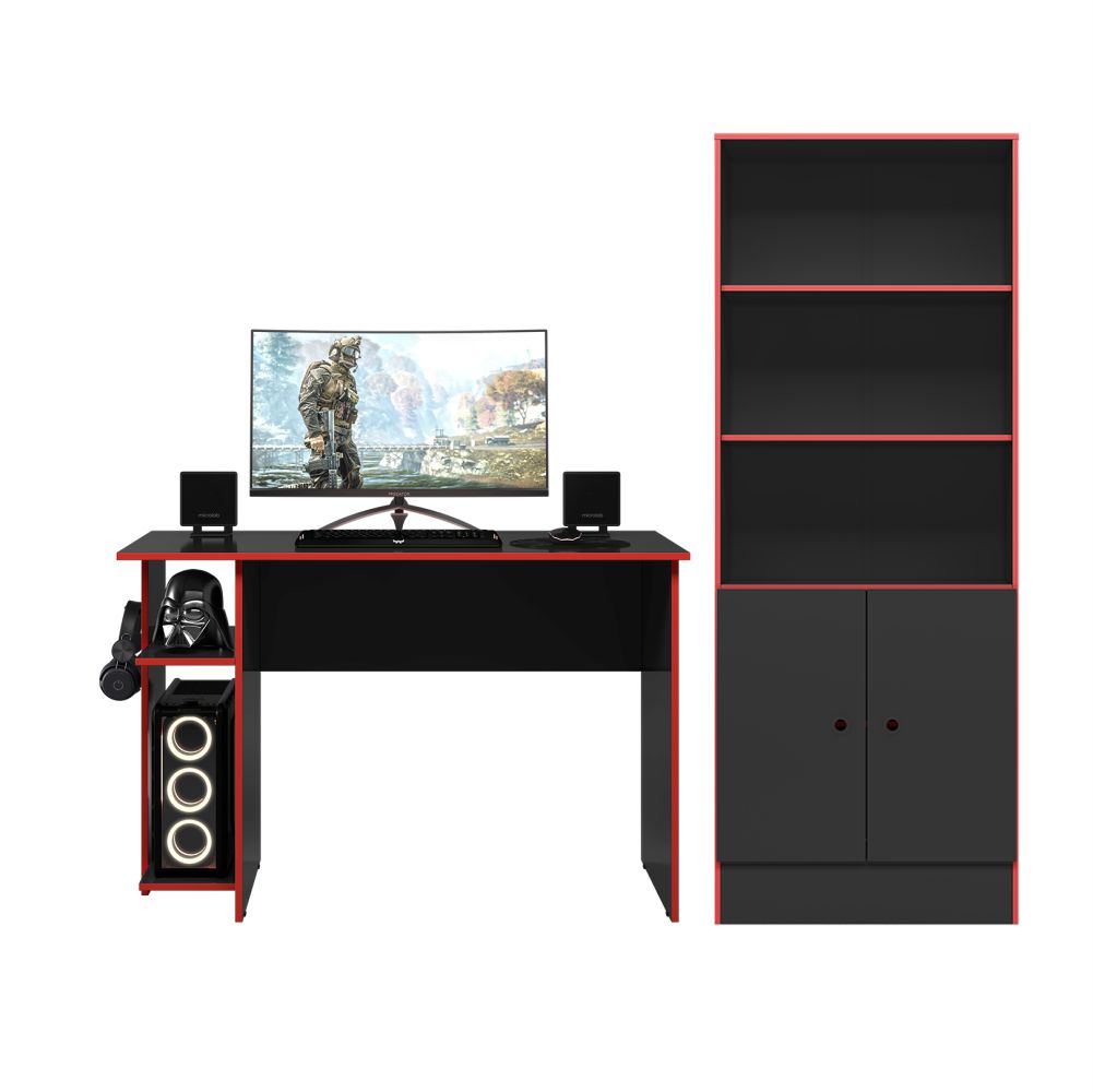 Conjunto Gamer Mesa e Armario Conquest Preto Fosco Vermelho