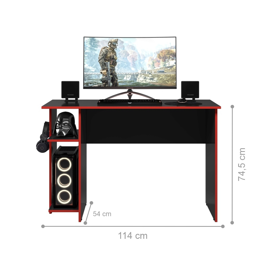 Conjunto Gamer Mesa e Armario Conquest Preto Fosco Vermelho