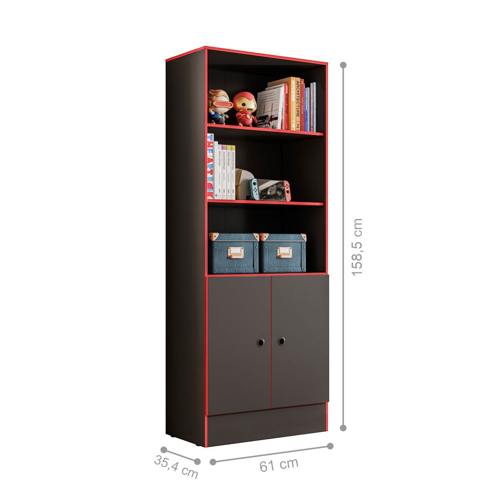 Conjunto Gamer Mesa e Armario Conquest Preto Fosco Vermelho