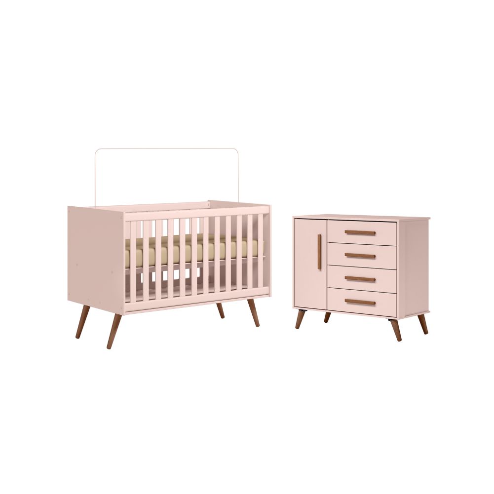 Conjunto Quarto Infantil Retro Berço e Comoda Jacarta Rosa