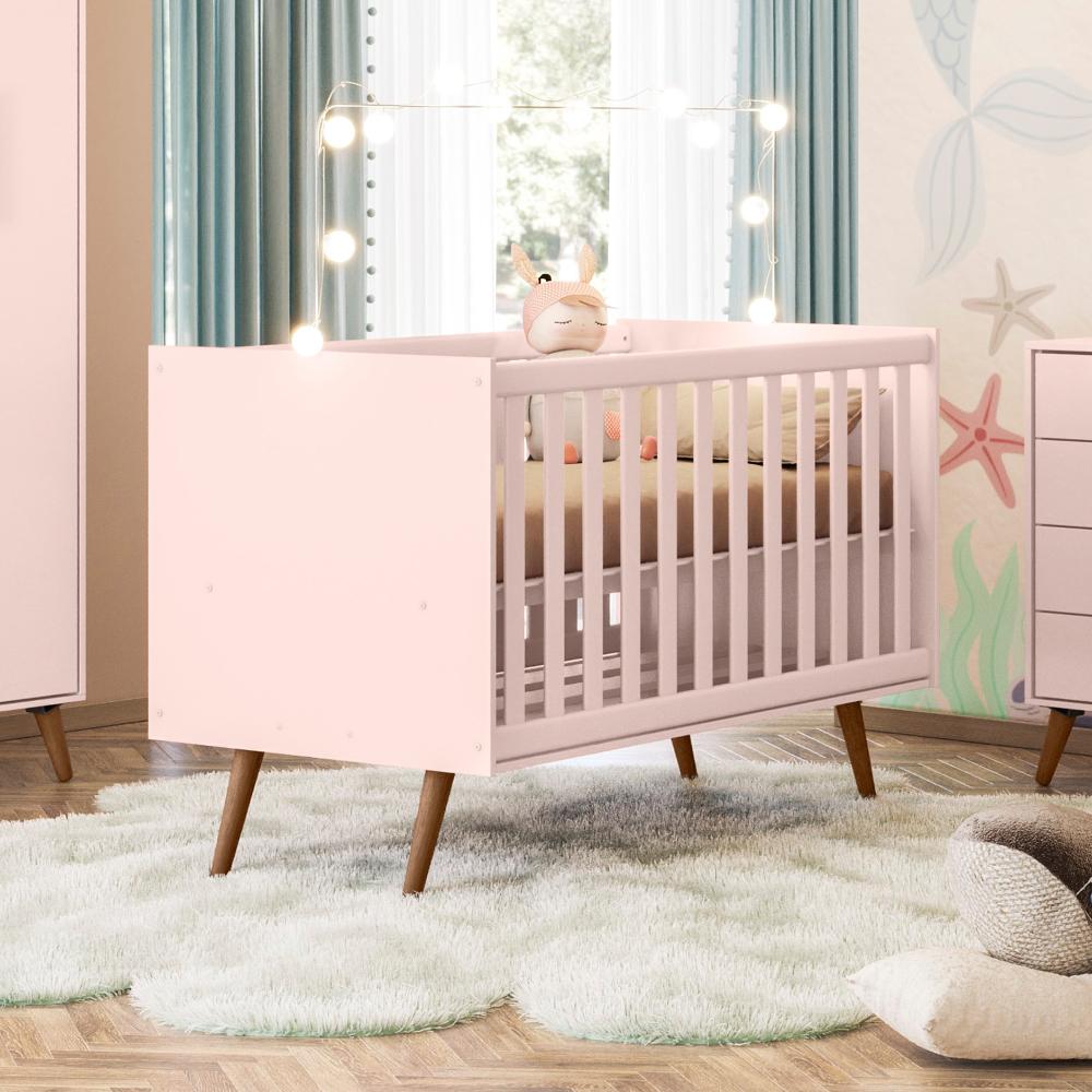 Conjunto Quarto Infantil Retro Berço e Guarda Roupa Lima Rosa com Colchao