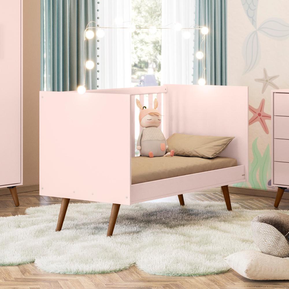 Conjunto Quarto Infantil Retro Berço e Guarda Roupa Lima Rosa com Colchao