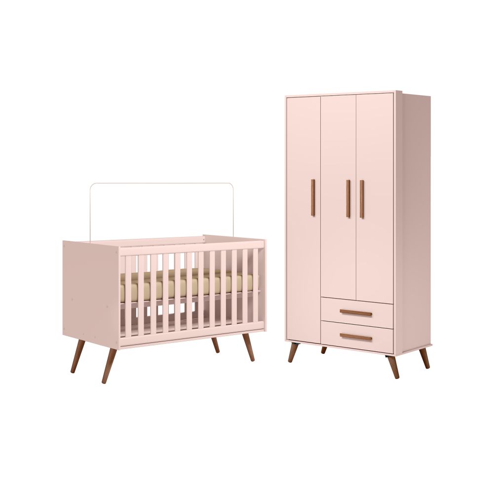 Conjunto Quarto Infantil Retro Berço e Guarda Roupa Parla Rosa