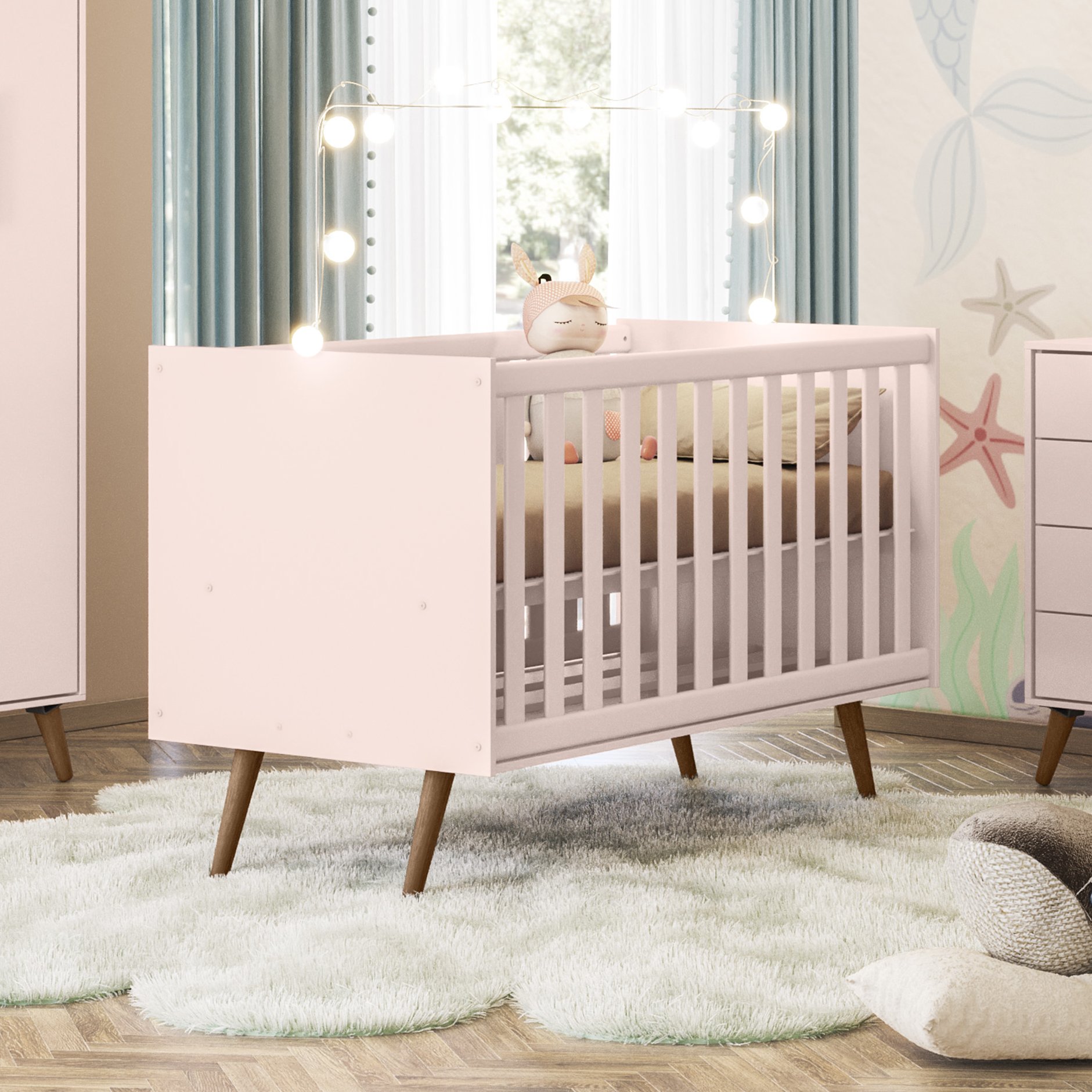 Conjunto Quarto Infantil Retro Berço e Guarda Roupa Parla Rosa
