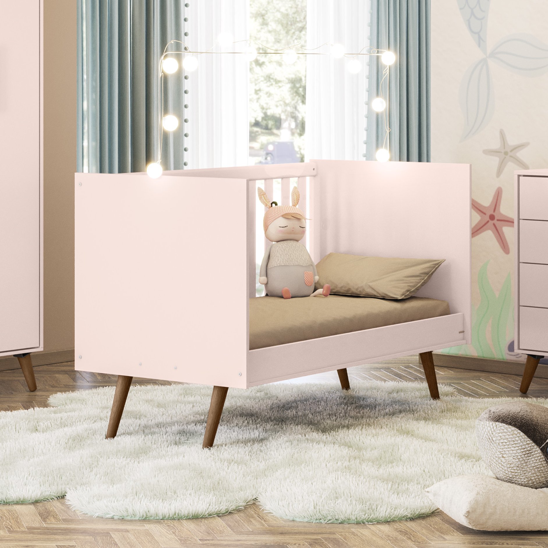 Conjunto Quarto Infantil Retro Berço e Guarda Roupa Parla Rosa