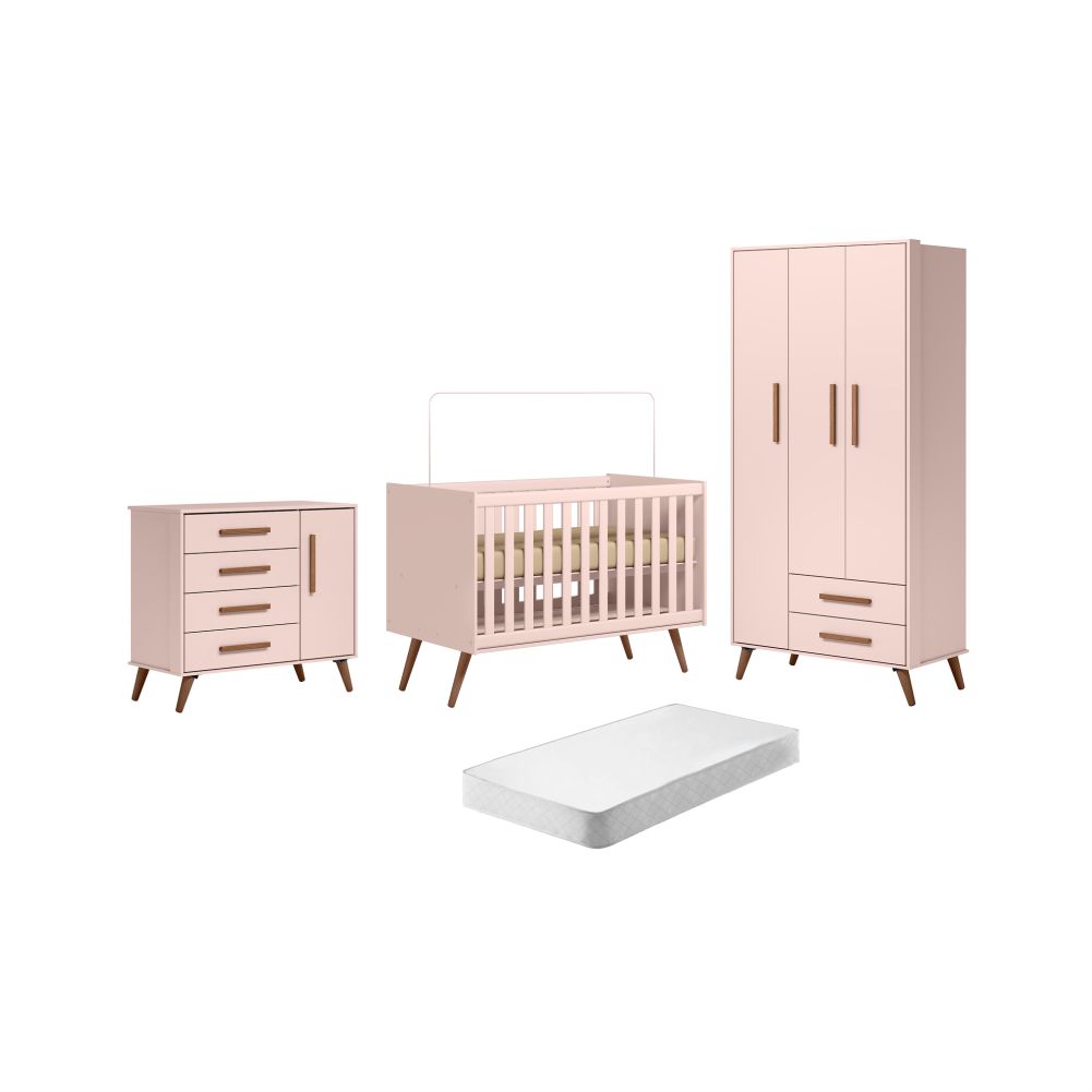 Conjunto Quarto Infantil Retro Sevilha Rosa com Colchao