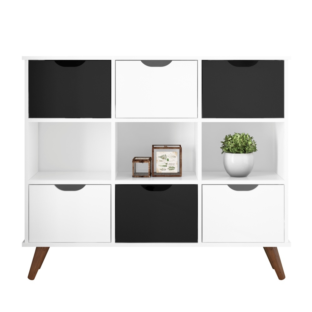 Estante Nicho Vintage Sabina Branco com Gavetas Brancas e Pretas
