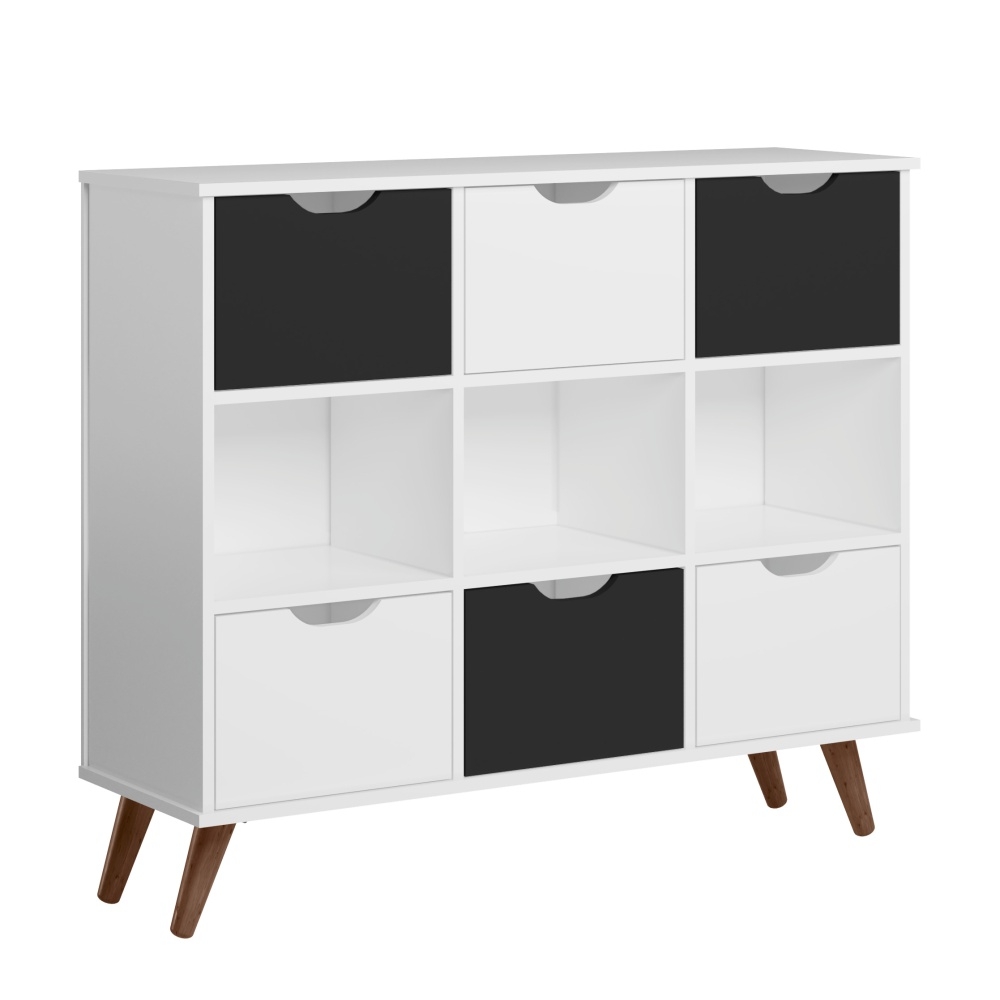 Estante Nicho Vintage Sabina Branco com Gavetas Brancas e Pretas