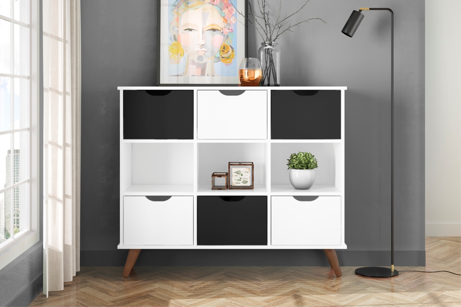 Estante Nicho Vintage Sabina Branco com Gavetas Brancas e Pretas