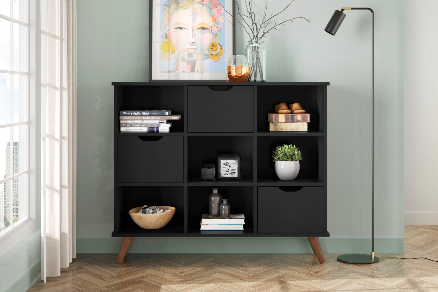 Estante Nicho Vintage Sabina Preto com Gavetas