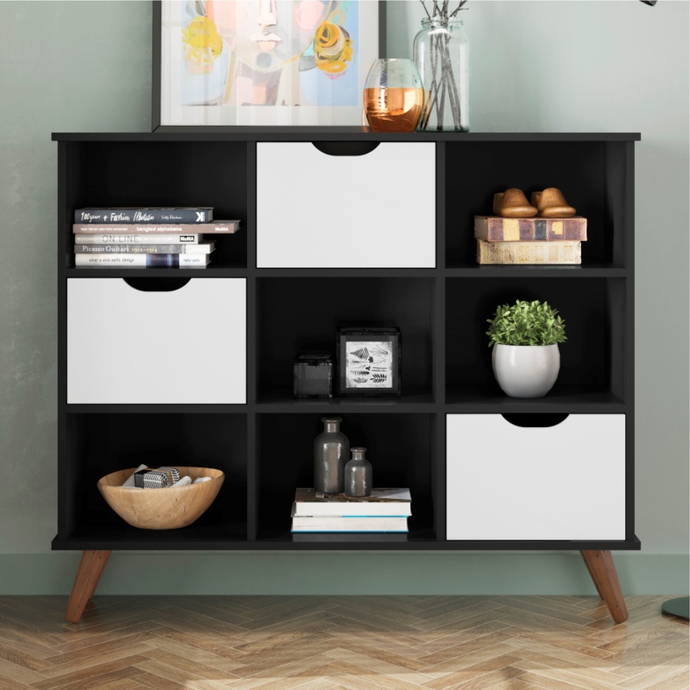 Estante Nicho Vintage Sabina Preto com Gavetas Brancas