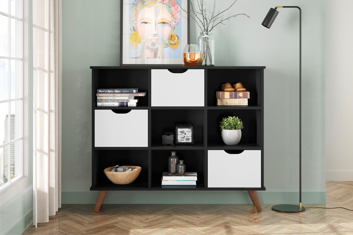 Estante Nicho Vintage Sabina Preto com Gavetas Brancas