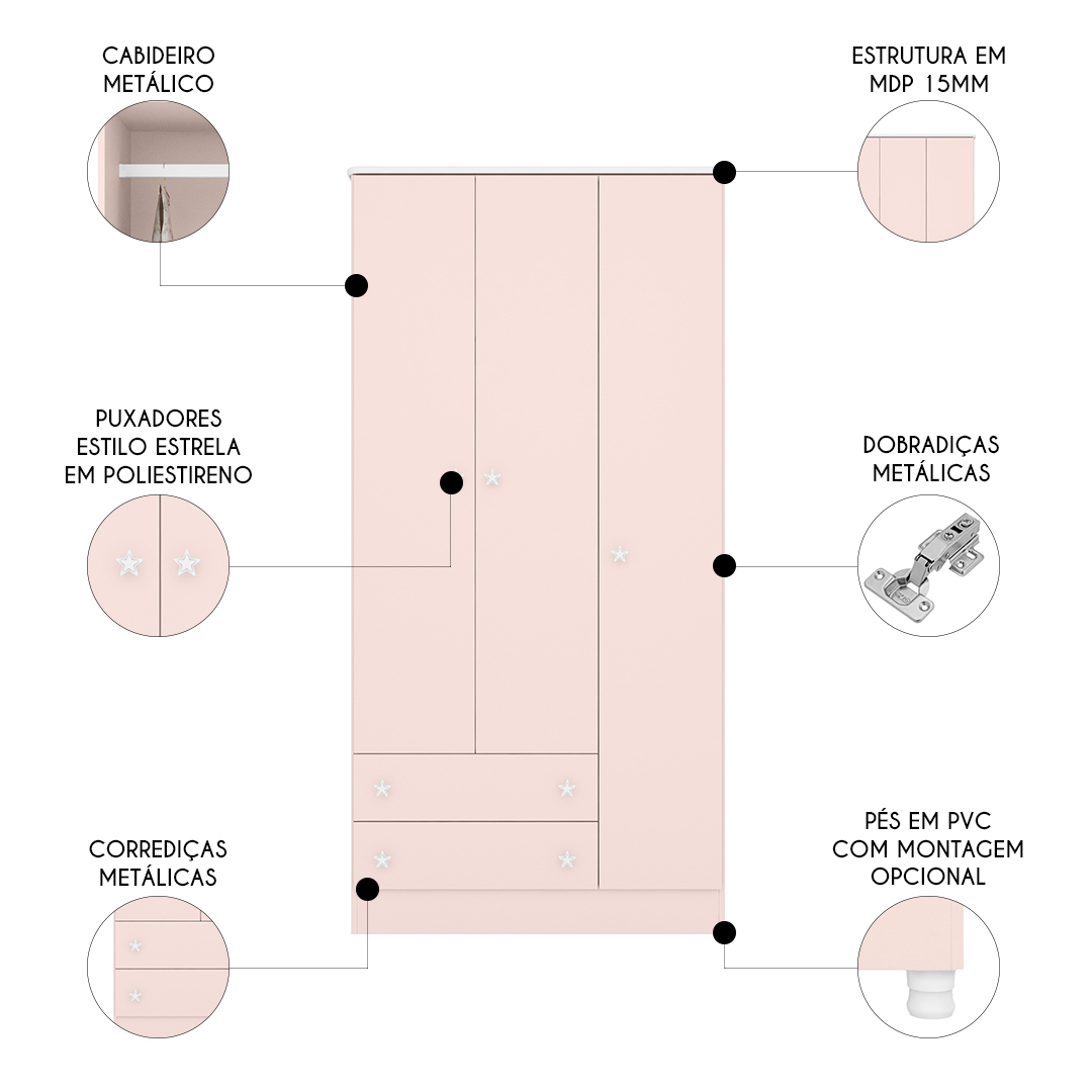 Guarda Roupa Infantil 3 Portas 2 Gavetas Doce Sonho Rosa - Qmovi