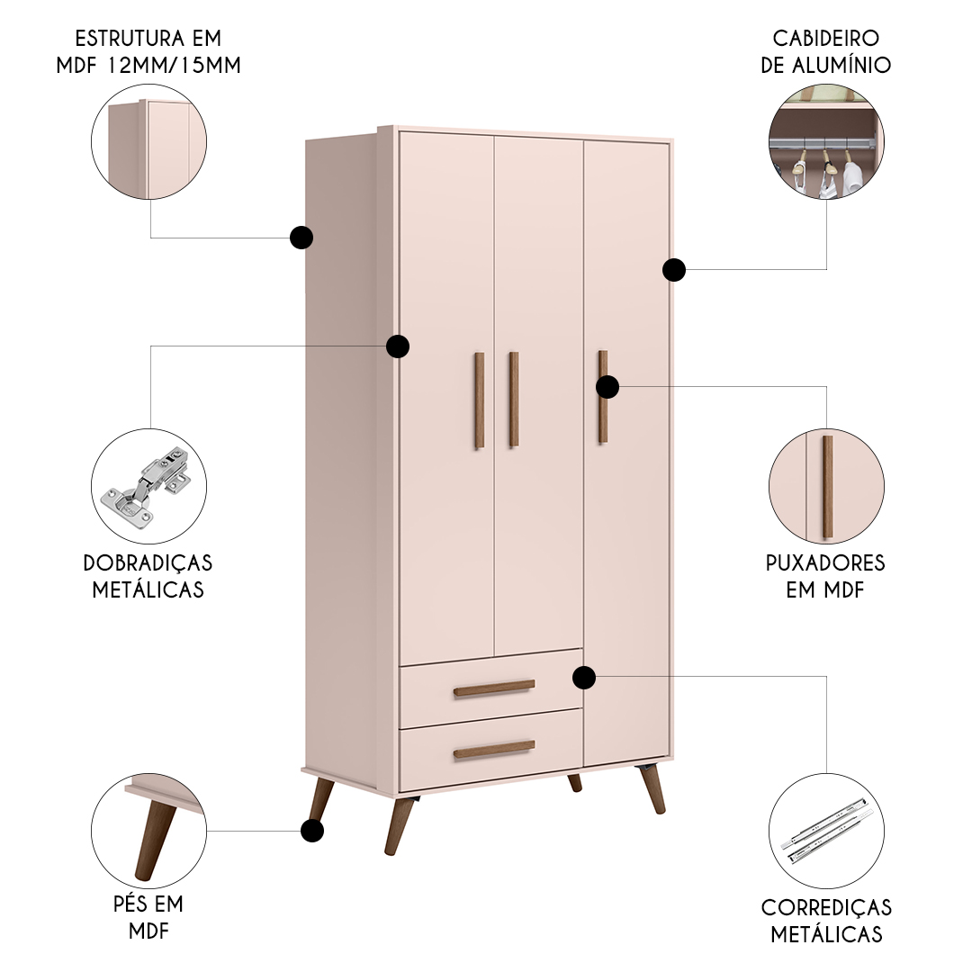 Guarda Roupa Infantil 3 Portas Retrô Q Encanto Rosa - Qmovi