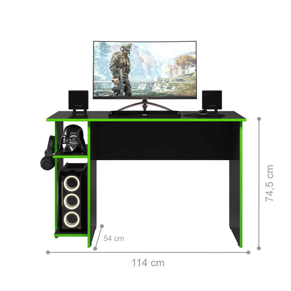 Mesa Gamer com Suporte de Fone Zalie Preto Verde