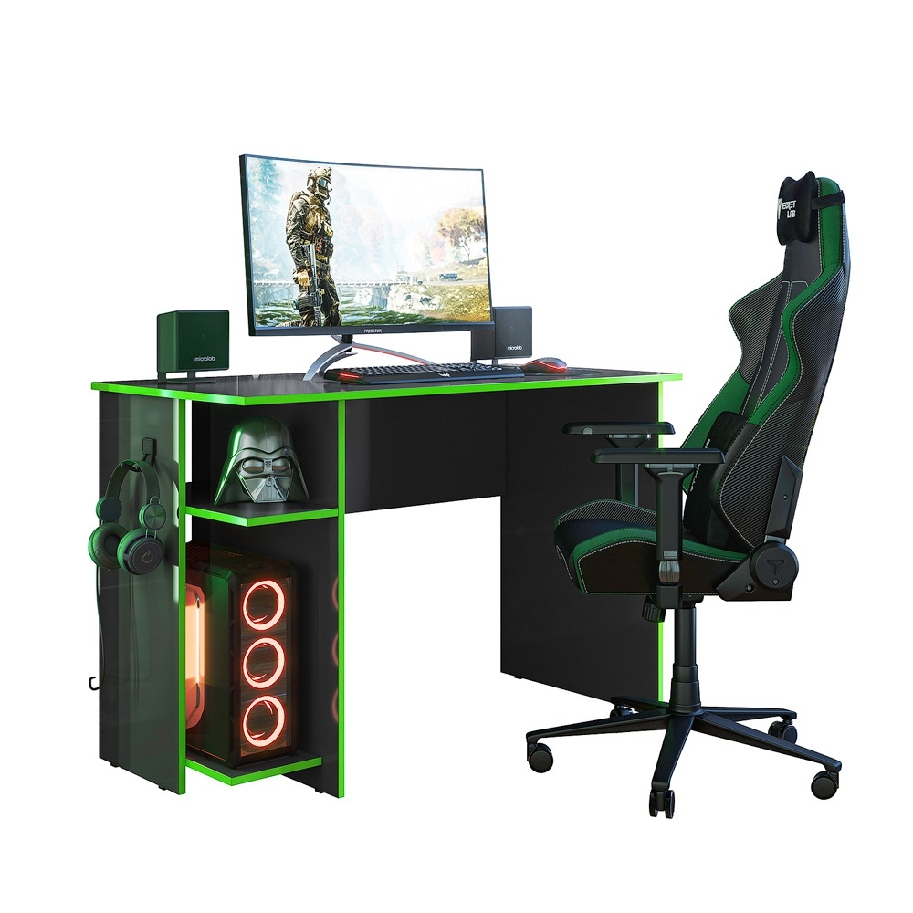 Mesa Gamer com Suporte de Fone Zalie Preto Verde