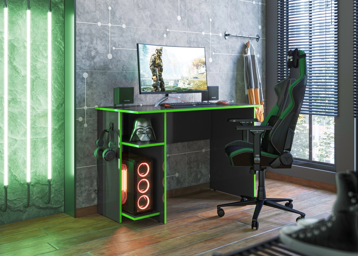 Mesa Gamer com Suporte de Fone Zalie Preto Verde