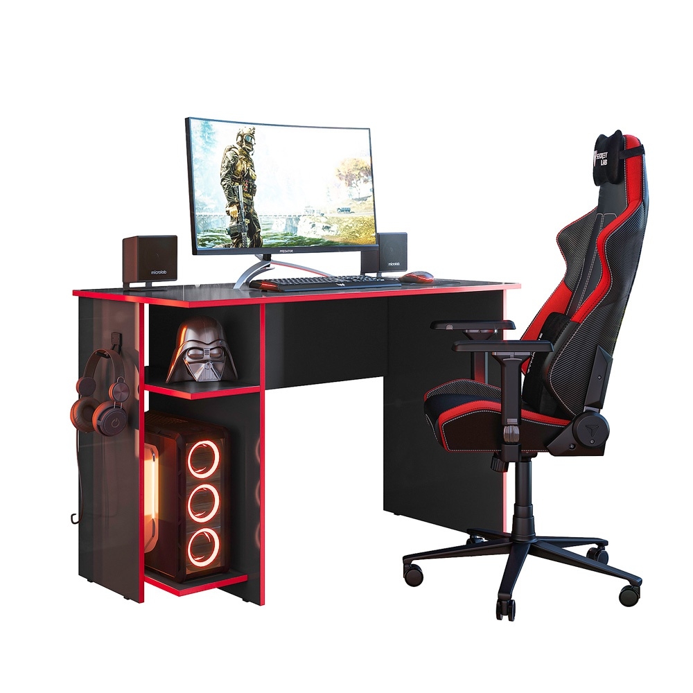 Mesa Gamer com Suporte de Fone Zalie Preto Vermelho