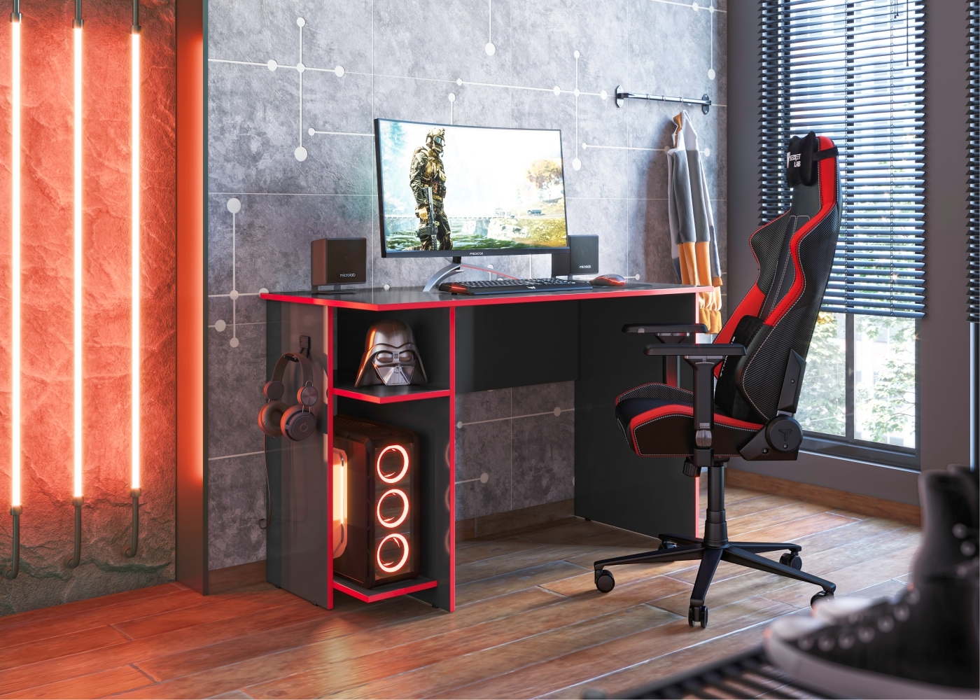 Mesa Gamer com Suporte de Fone Zalie Preto Vermelho