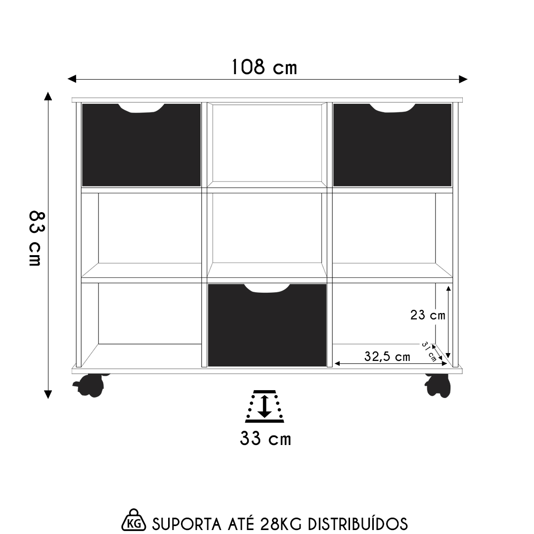 Nicho Organizador 3 Gavetas com Rodízios Freijó/Off White - Qmovi