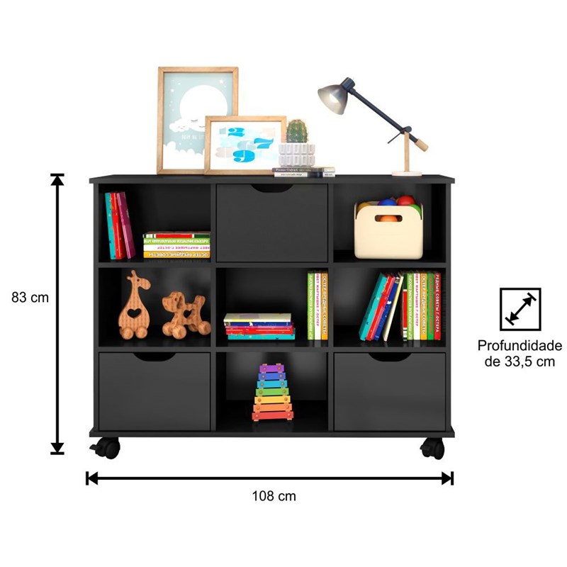 Nicho Organizador 3 Gavetas com Rodízios Preto - Qmovi