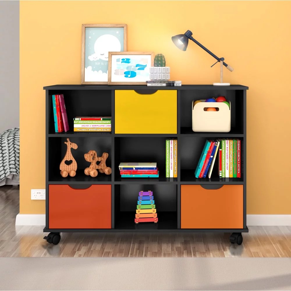 Nicho Organizador 3 Gavetas com Rodízios Preto/Colorido - Qmovi