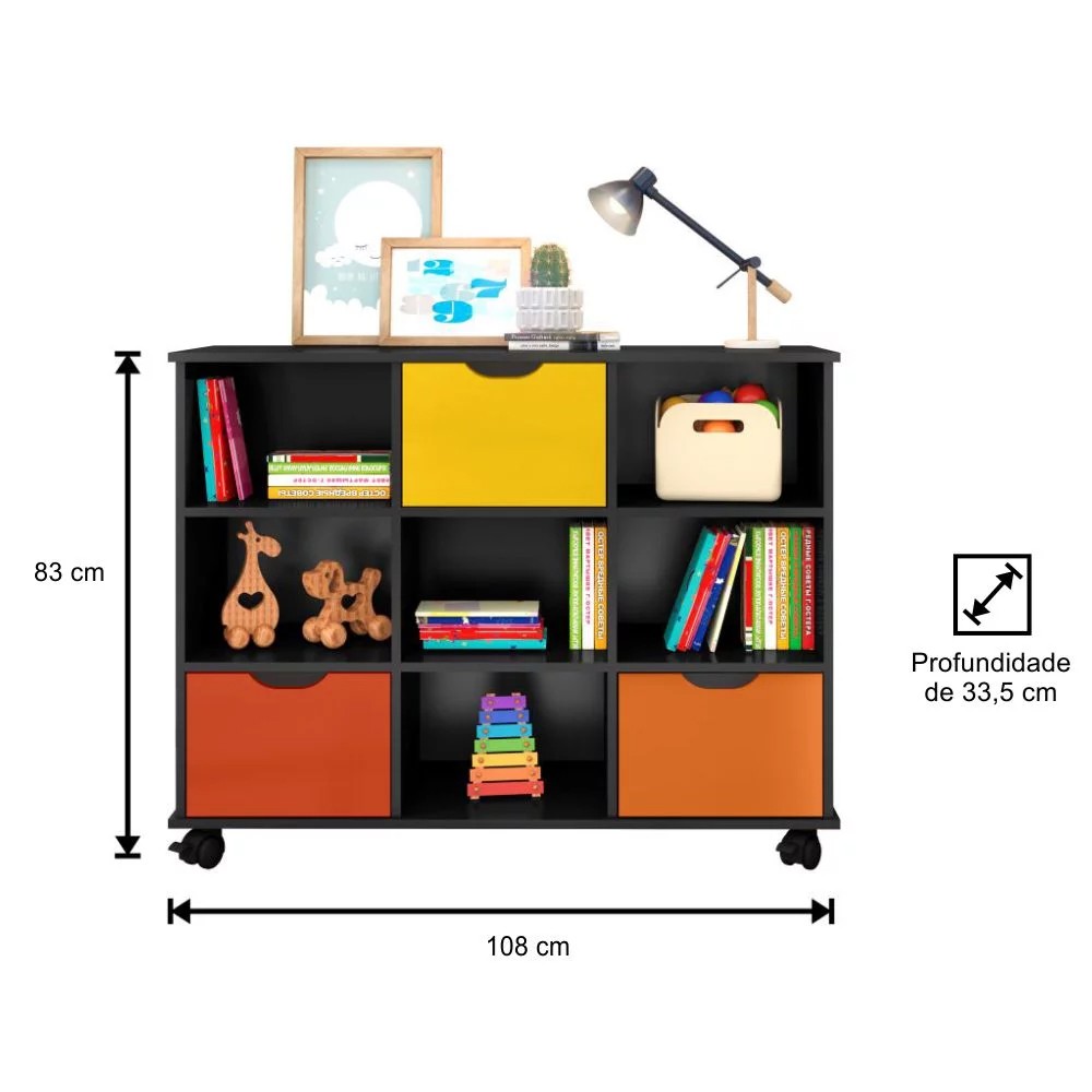 Nicho Organizador 3 Gavetas com Rodízios Preto/Colorido - Qmovi