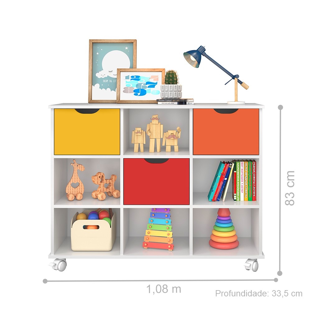 Nicho Organizador com Rodinhas Portland Branco com 3 Gavetas Coloridas
