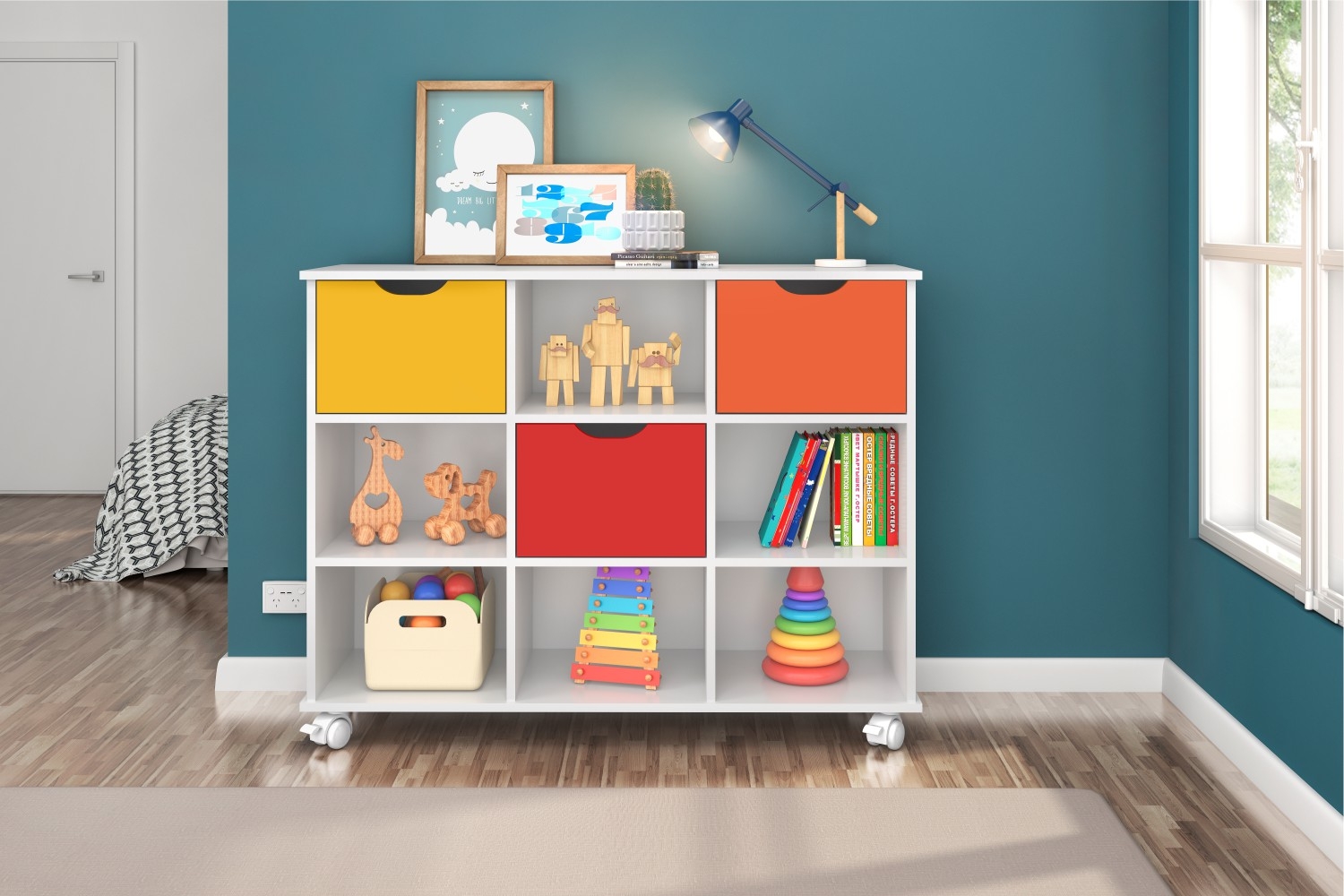 Nicho Organizador com Rodinhas Portland Branco com 3 Gavetas Coloridas
