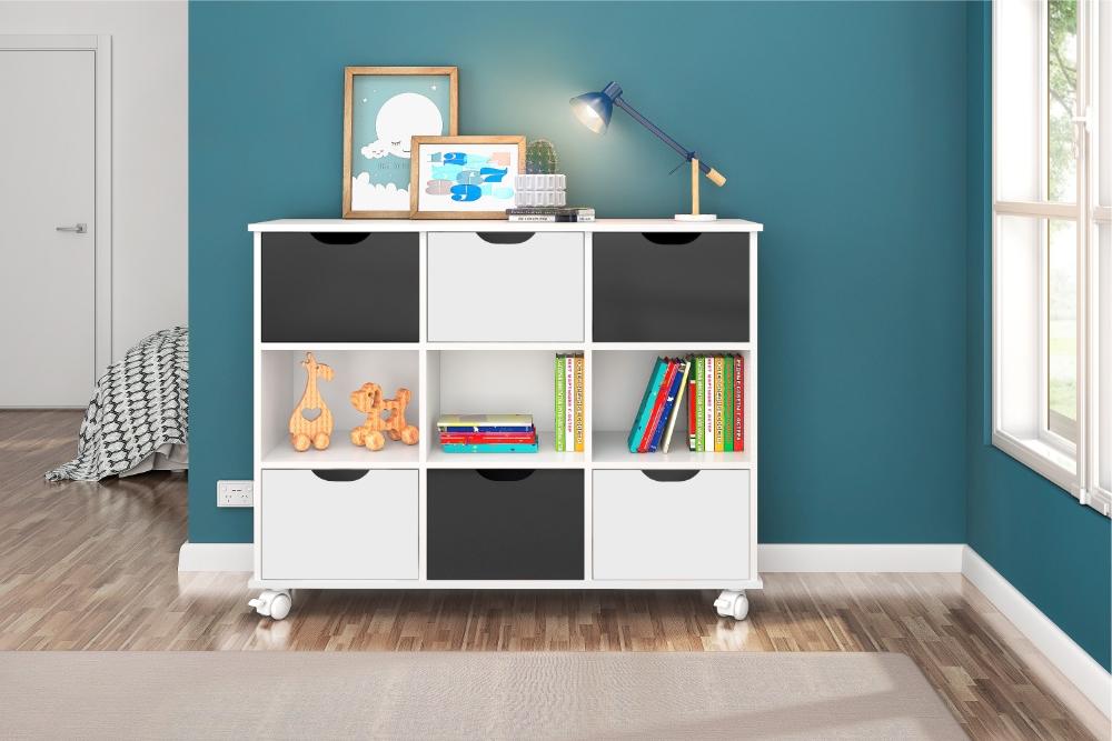 Nicho Organizador com Rodinhas Portland Branco com Gavetas Brancas e Pretas