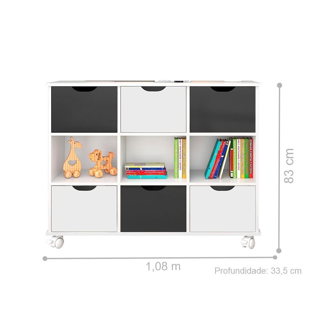 Nicho Organizador com Rodinhas Portland Branco com Gavetas Brancas e Pretas