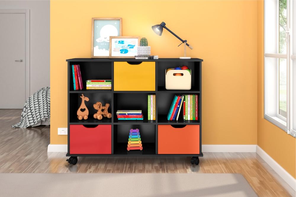 Nicho Organizador com Rodinhas Portland Preto com 3 Gavetas Coloridas