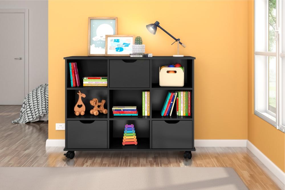 Nicho Organizador com Rodinhas Portland Preto com Gavetas