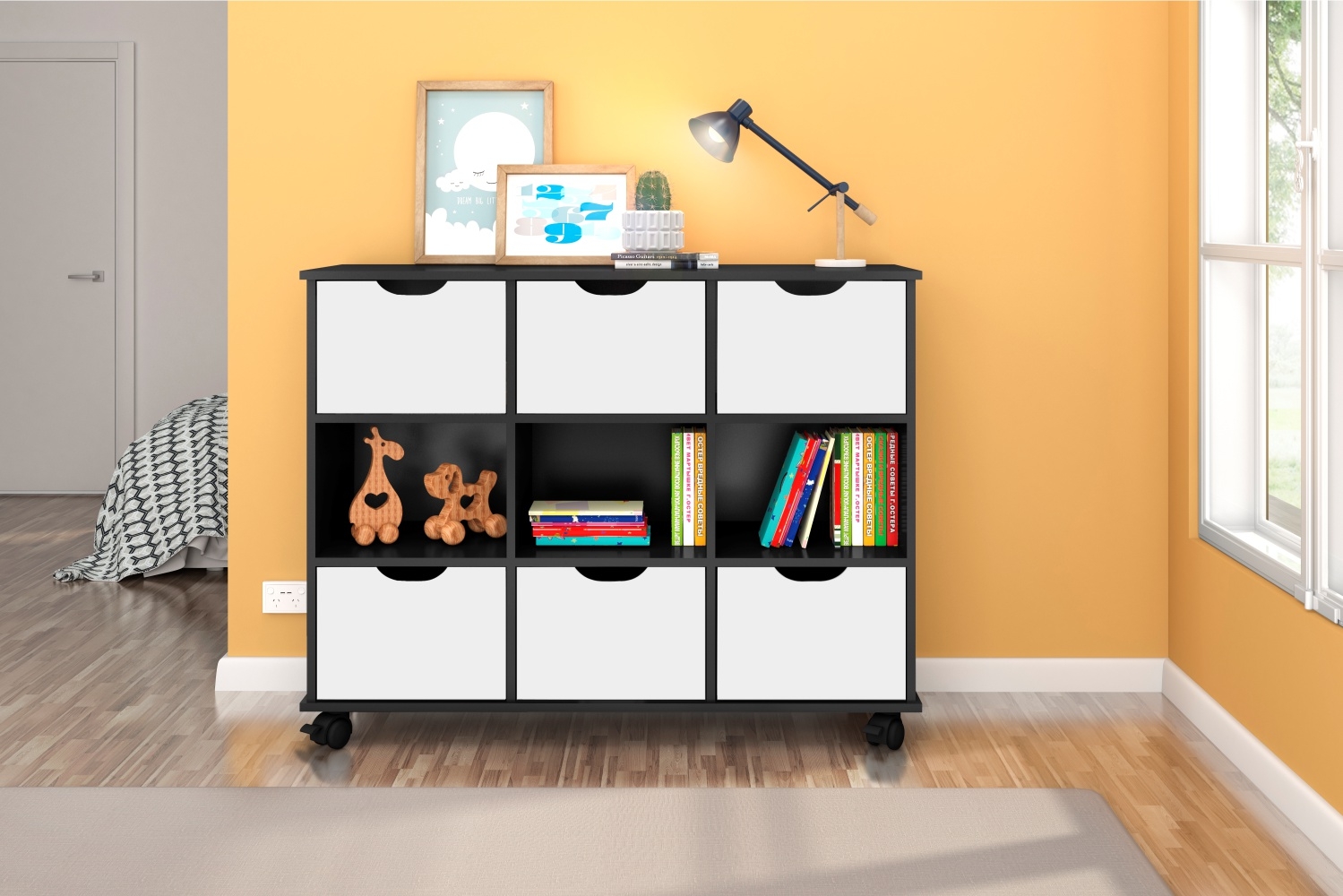 Nicho Organizador com Rodinhas Portland Preto com Gavetas Brancas