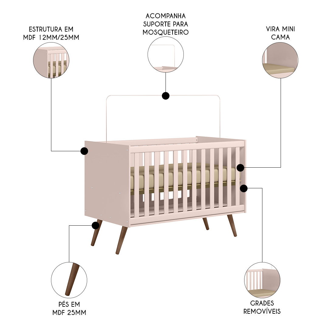 Quarto Infantil 3 Peças com Berço Q Encanto Retrô Rosa - Qmovi