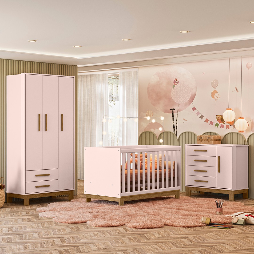 Quarto Infantil 3 Peças com Berço Q Encanto Slim Rosa - Qmovi