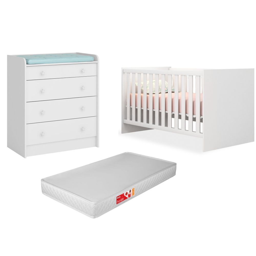 Quarto de Bebê Cômoda 2523 e Berço 1344 Doce Sonho com Colchão Branco - Qmovi