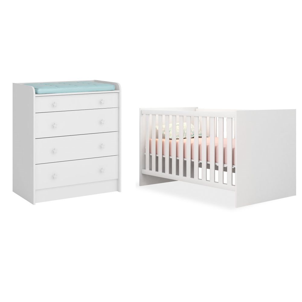 Quarto de Bebê Cômoda 2523 e Berço Mini Cama 1344 Doce Sonho Branco - Qmovi