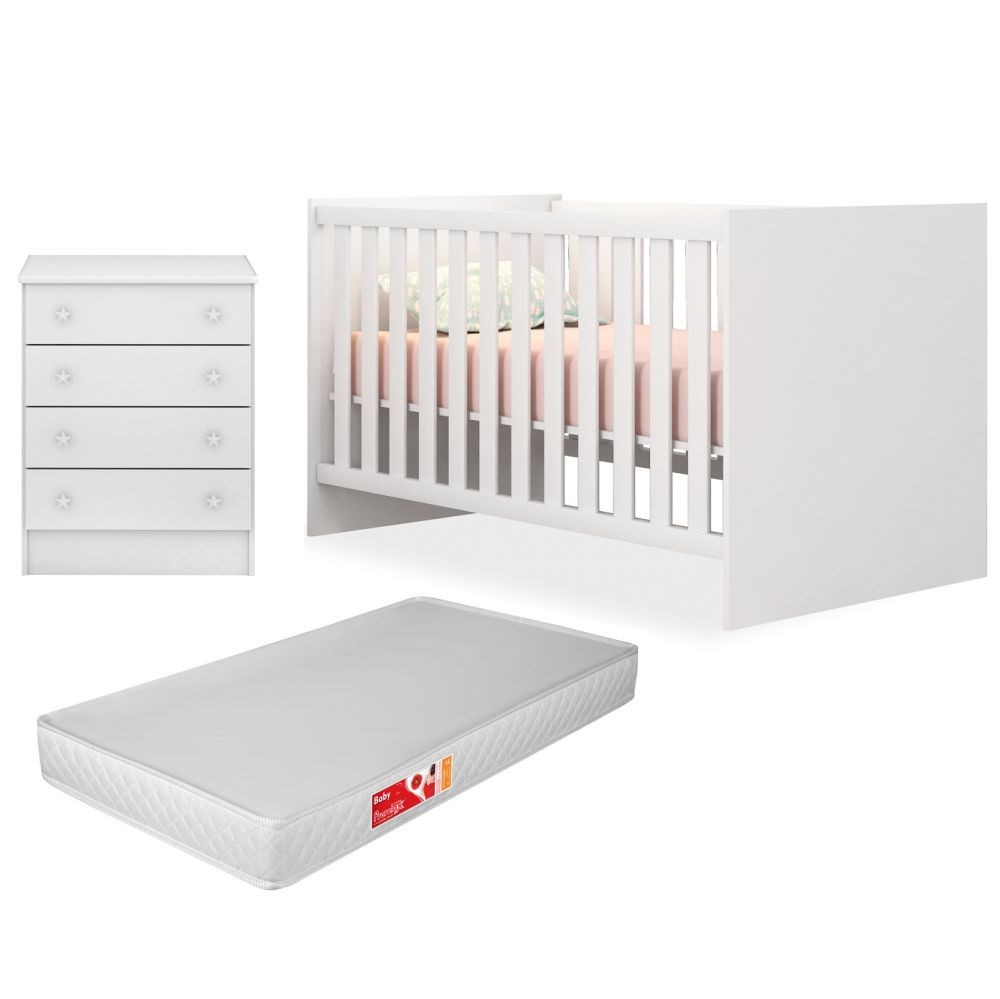 Quarto de Bebê Cômoda 777 e Berço 1344 Doce Sonho com Colchão Branco - Qmovi