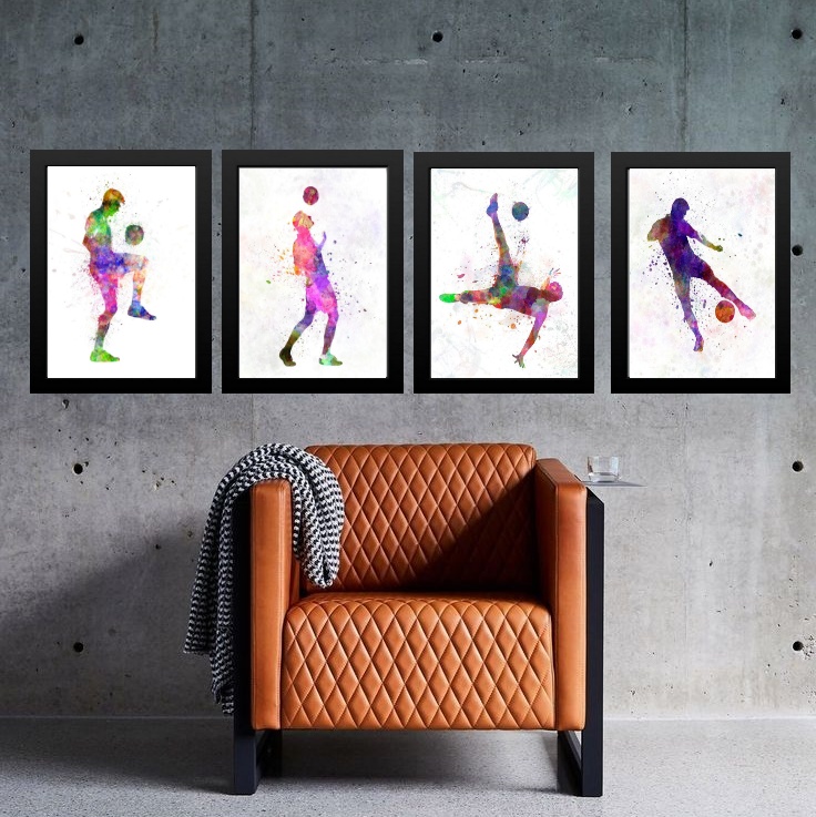 Kit 4 Quadros Aquarela Futebol 33x24cm