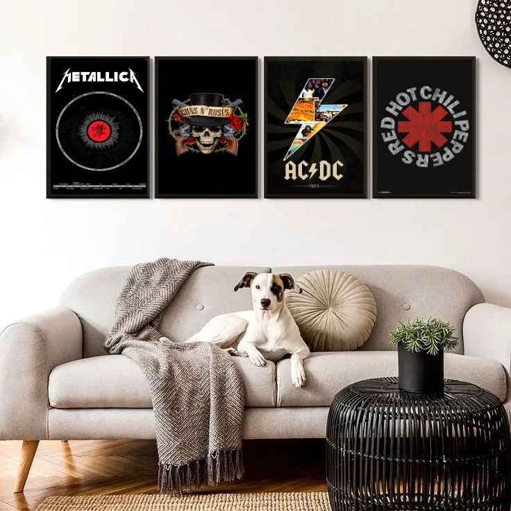Kit 4 Quadros Bandas de Rock 45x34cm