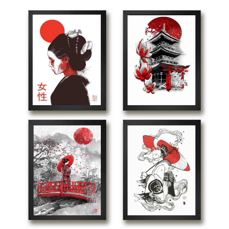 Kit 4 Quadros Decorativos Artes Orientais 33x24cm - com vidro