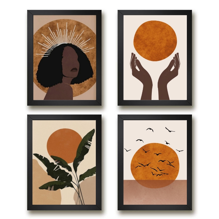 Kit 4 Quadros Decorativos Boho Mulher E Lua 24x18cm - com vidro