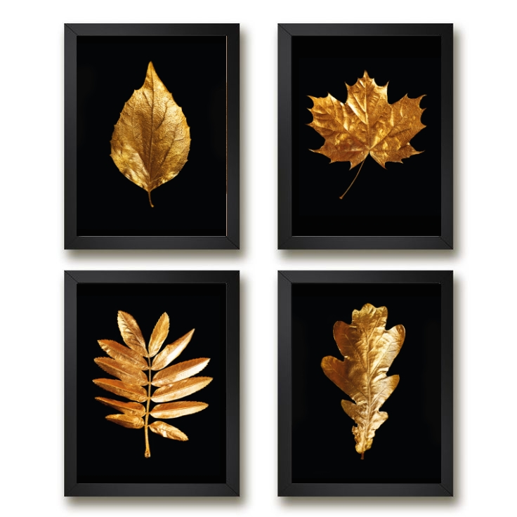 Kit 4 Quadros Decorativos Folhas Douradas 45x34cm - com vidro