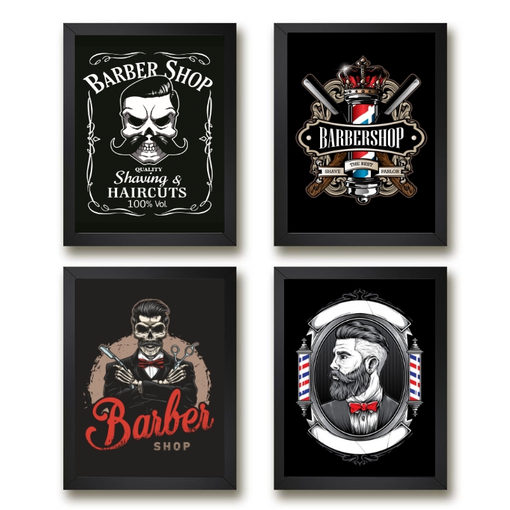 Kit 4 Quadros Decorativos Para Barbearia 45x34cm - com vidro